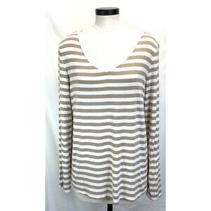 Canyon River Blues Women's Size XL Summer Tee Shirt Top White Tan Stripe V-Neck